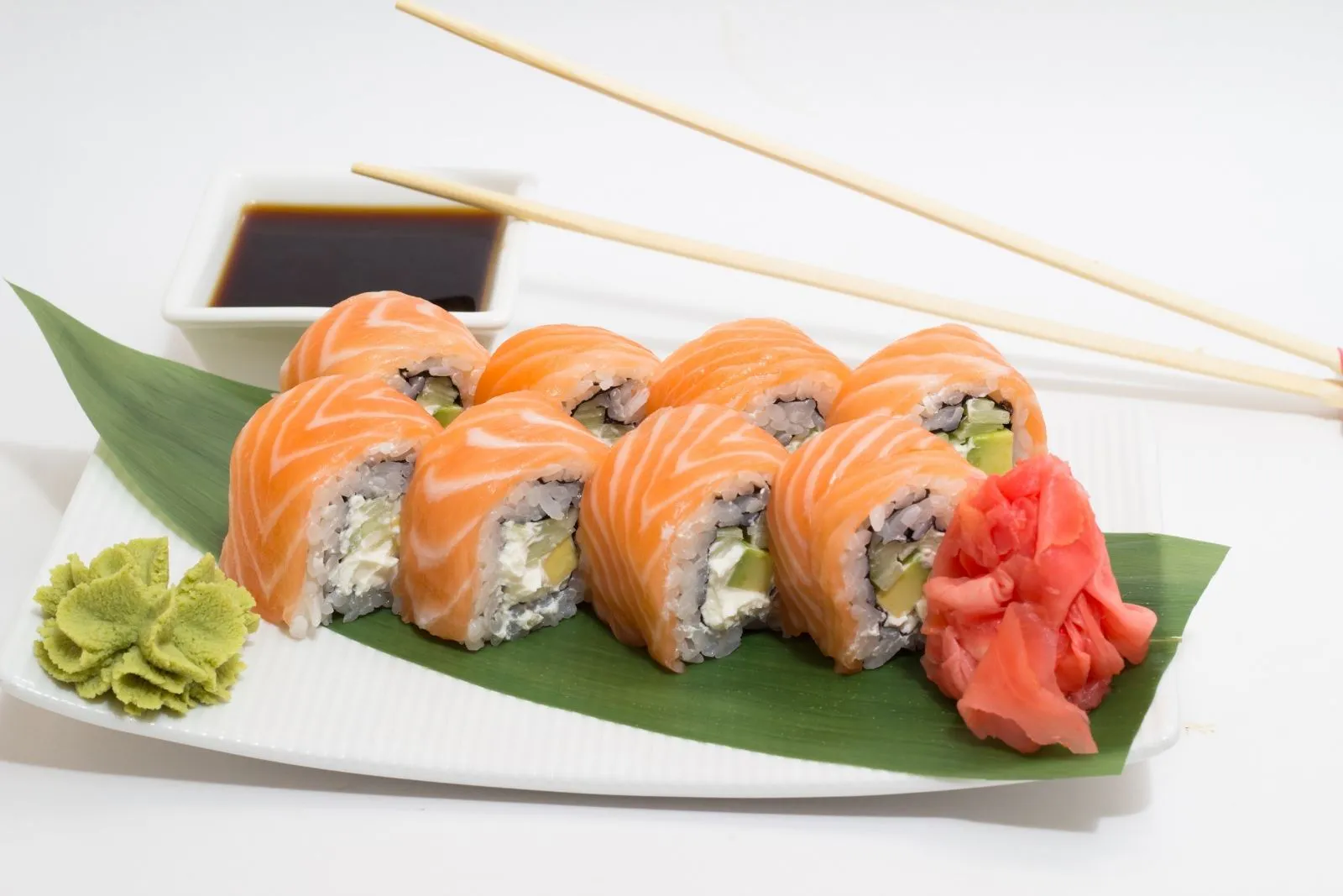 Salmon cream cheese roll with avocado and wasabi at Sushi Hut & Boba, a Japanese Restaurant in Addison